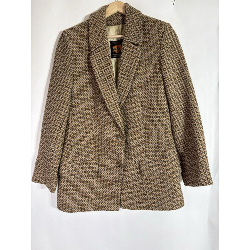 Vintage Fox Run Women's Wool Blazer Jacket Brown Tweed Check Size 4
